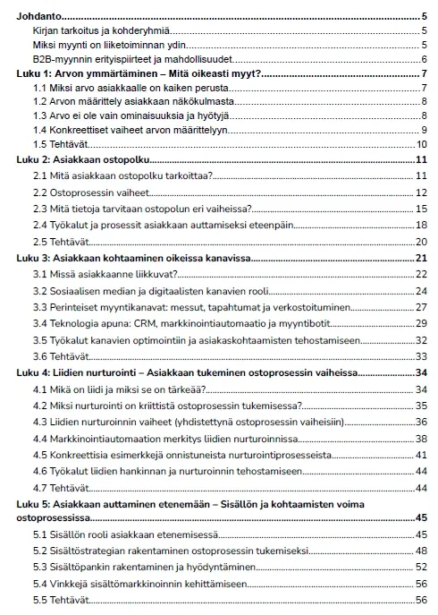 Kirjan sisällysluettelo, sivu 1
